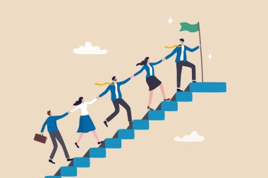 Takım desteği başarıya yardım eder, birlikte ilerleme ve başarı için takım çalışması, şirket büyüme adımı veya çalışan geliştirme, takım başarısı konsepti, iş adamları el ele tutuşup merdivenleri tırmanmaya yardım eder.