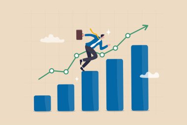 İş büyümesi, başarıya meydan okuma, kariyer büyüyen başarı, hedef, gelişme çabası, ilerleme veya kazanan adım konsepti, büyüyen iş adamı çizelgesi.