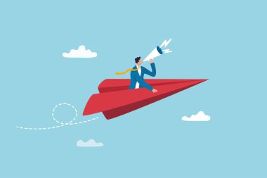 İletişim, duyuru veya pazarlama mesajı, yüksek sesli tanıtım uyarısı veya önemli bilgi konsepti, origami uçağındaki iş adamı bağırıyor veya megafondan mesaj duyuruyor.