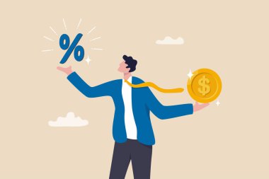 Borç verme, mortgage veya kredi faizi oranı, finans kredisi, ekonomi büyümesi veya gelir vergisi hesaplaması, borç veya mali kredi, yatırım konsepti, dolar parası ve yüzde tutan işadamı.