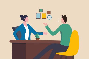 İş görüşmesi, iş görüşmesi ya da işe alım müdürü, aday cevap sorunu ya da kariyer geliştirme, iletişim ya da işe alım kavramı, iş adamları iş görüşmesinde soruları yanıtlarlar.