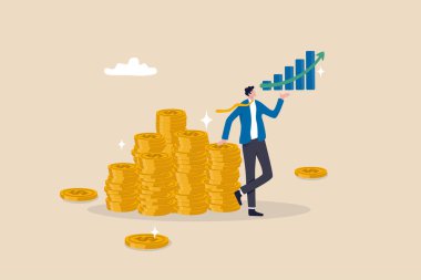 Başarı yatırım büyümesi, zenginlik yönetimi, gelir tasarrufu veya artış, zengin yaşam, kâr veya büyüyen emeklilik fonu, refah konsepti, para yığını ve büyüme grafiğine sahip zengin işadamı.