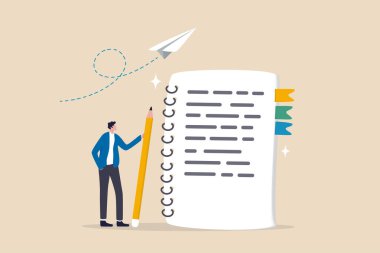 Not defteri kağıdına not ya da mesaj yaz, belge yaz, not defteri ya da ders, kayıt bilgileri, günlük ya da makale konsepti, iş adamı not defteri üzerine kalem yazma mesajı tutuyor.