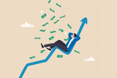 Kolay para, pasif gelir uyurken para kazanmak, çabuk zengin olmak ya da başarılı olmak yatırım, borsadan kazanç, yatırım fonu ya da kripto konsepti, iş adamı yükselen grafikte uyur.