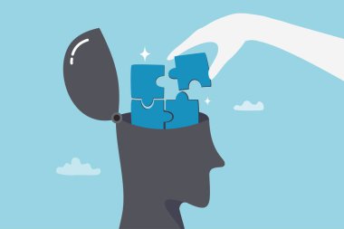 Psikoloji, akıl sağlığı ya da beyin bilişimi, zihin terapisi, duygu ya da refah sorununu, ruh hali hastalıkları ya da anksiyete bakımı kavramını çözmek için çözüm, insan beynindeki yap-bozu elle çözme.