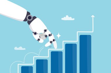 Yapay zekanın yükselişi, büyüme, başarı veya ilerleme, pazarlama ve finans sektörü konsepti için otomasyon veya yapay zeka geliştirme teknolojisi, robot eli büyüme grafiği.