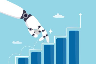 Rise of AI artificial intelligence, innovation technology to develop growth, success or progress, automation or AI for marketing and financial business concept, robot hand walk up growth graph. clipart