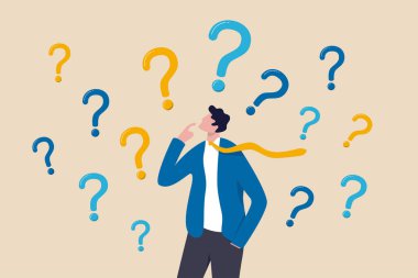 Soru sorun, SSS, problem veya merak, şüphe ve kafa karışıklığı cevap, meydan okuma ve belirsizlik, bilinmeyen bilgi veya çözüm konsepti, soru işaretleriyle düşünen iş adamı.