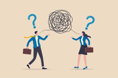 İletişim sorunu, yanlış anlama veya karışıklık, karmaşa veya kaos iletişimi, çatışma fikri, tartışma veya görüşme kavramı, iş arkadaşları karmaşık bir çizgiyle iletişim kuruyor.