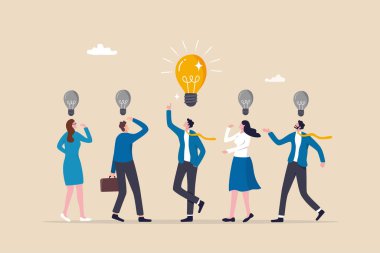 Çözüm uzmanı problem çözme veya liderin görüşmede tavsiye vermesi, çözüm için düşünme, yaratıcılık veya profesyonellik, eureka anı konsepti, parlak ampullü iş adamı.