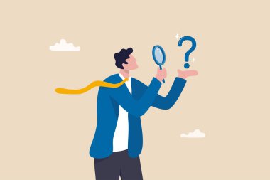 Problem analizi, çözüm ya da cevap bulmak için bilgiyi analiz etmek, sorun ya da sorunu çözmek, zorluk kavramının üstesinden gelmek için düşünmek, iş adamı büyüteçle soru işaretini analiz eder.