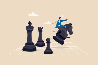Stratejik hamle, takıma strateji ile liderlik etmek, başarıya meydan okumak, iş yarışması konseptini kazanmak için cesaret ve güven, satranç şövalyesi sürücüsü iş adamı takımı zaferi kazanmak için.