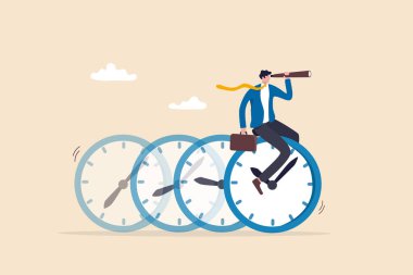 Zaman yönetimi, vizyon veya projeyi yönetme çabası ve sorunu veya fırsatı öngörme, iş bitiş tarihi veya zamanlayıcı geri sayımı, ilerleme veya gelişme kavramı, iş adamı sürüşü süresi.