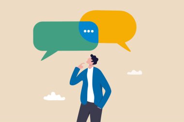 İkinci görüş, öneri veya tavsiye düşünme, karar verme veya yargılama konsepti hakkında bilgi, işadamı ikinci görüşü dinleyerek ve karar vererek düşünür.