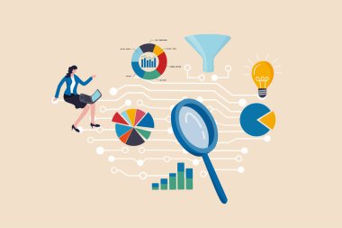 Ticari içgörü, veri tabanı veya istatistik, pazarlama teknolojisi veya veri hunisi veya gösterge konsepti için iş zekası veri analizi, iş kadını veri analizi ve büyüteçle çalışır.