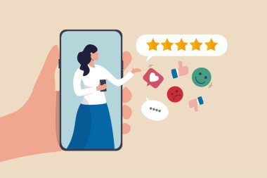 Müşteri deneyimi, CX veya UX kullanıcı deneyimi, geri bildirim veya yorum, ürün ve hizmet hakkındaki görüş, kullanıcı memnuniyeti olumlu veya olumsuz geri bildirim kavramı, mobil deneyim veren kadın.