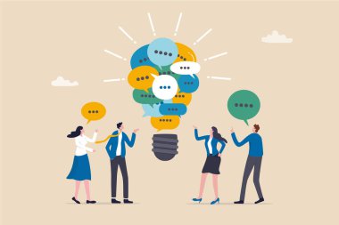 Etkili iletişim, toplantı tartışması veya konuşma çözümü, istihbarat bilgileri konuşmak veya anlatmak, takım görüşü yeni fikir kavramı, iş adamları ampul konuşma baloncuğuyla tartışıyor.
