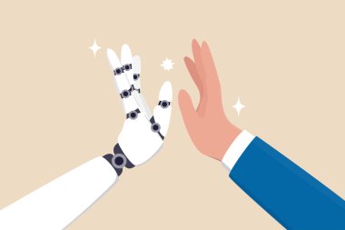 Yapay Zeka, makine ya da robot ile insan işbirliği, yapay zeka, iş arkadaşı yardımı ya da destek, iş adamı eli robot eli ile beşlik çakma.