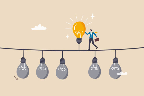 Difference idea innovation, discover opportunity to success, creativity or passion to improve career, wisdom or smart discovery concept, businessman discover bright lightbulb from difference others.