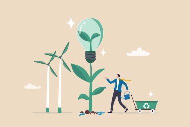 Sürdürülebilirlik işi, ESG çevresel sosyal yönetim, yeşil ya da temiz enerji, iklim değişikliğine yardımcı olmak için çevre dostu ekoloji, geri dönüşüm konsepti, iş adamı temiz enerji santrali döken.