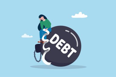 Debt or NPL problem, loan or lending crisis, overspending mistake causing debt burden, recession or bankruptcy, credit default concept, young woman with overdue bill payment chained with debt burden. clipart