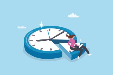Part-time iş, iş izleme sistemi, gündüz planlama veya zaman yönetimi, ek iş ya da ofis işi teslim tarihi, başlangıç ve bitiş çizelgesi konsepti, dizüstü bilgisayarla yarım zamanlı saat çalışan iş kadını.