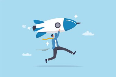 Solopreneur solo girişimci, yalnız çalışıyor ya da girişimci, kurucu ya da girişimci, bağımsız geliştirici, serbest girişimci konsepti, tek başına girişimci roketi fırlatıyor.