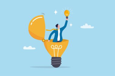 İç görü ya da zeka çözümünü keşfetmek, en iyi sonuç ya da sonuç, çözüm bulmak, yeni yenilikler aramak, fırsat ya da icat, araştırma kavramı, iş adamı yeni bir ampul buluyor.