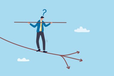 Karar verme, kariyer seçimi, iş yönü alternatifi, kavşak kararı, belirsizlik yönü için mücadele, plan veya ilerleme konsepti, iş adamı akrobat yürüme yönünü seçer.