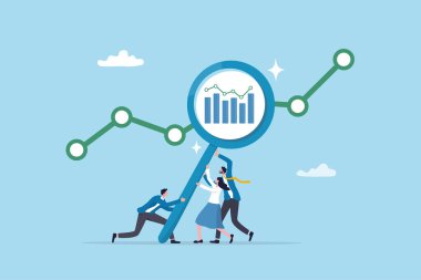 İstatistik iyileştirme, büyüme veya KPI ölçüm sonuçları, grafik veya diyagram konsepti için veri analizi, optimizasyon veya pazarlama analitiği, iş adamları veri analizi için büyüteç tutarlar.