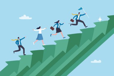 Sürdürülebilir büyüme, uzun vadeli başarı veya kazanma stratejisiyle büyüyen iş, takım başarısı, üretkenlik kavramına yönelik ilerleme veya adımlar, iş insanları çalışanı sürekli büyüme okunu artırdı.