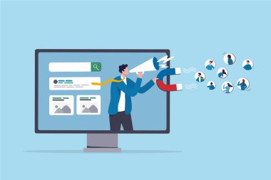 Önde gelen nesil, müşteri, müşteri veya kullanıcı çekmek için pazarlama kampanyası, SEO stratejisi veya trafiği, çevrimiçi medya reklamcılığı kavramı, pazarlama işadamı müşteriyi web sitesine çekti.
