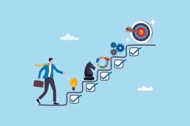 Strateji geliştirme, iş geliştirme planlaması, başarı kontrol listesi veya büyüyen işletme, kariyer büyümesi, başarı yönetim konsepti denetim listesi, iş adamı strateji merdivenlerinden çıkıyor.