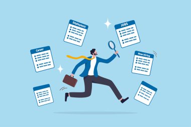 İş arayan, yeni iş arayan, yeni iş olanakları bulan, boşluk, istihdam veya insan kaynakları alımı, iş görüşmesi kavramı, büyüteç bulma işine sahip iş adamı.