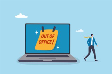 Ofis bildirim mesajı, tatil ya da tatil izni laptopta yapışkan, not ya da yaz tatili duyurusu, e-posta bildirim konsepti, iş adamının bilgisayar bilgisayarında ofis mesajı bırakması.