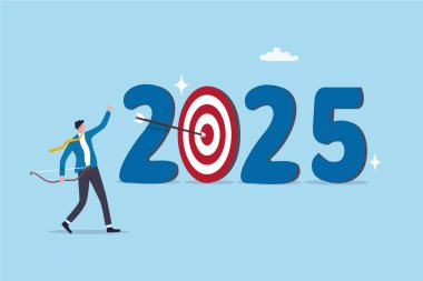 Yıl 2025, iş dünyası hedef hedefi, yeni yıl başarısı, iş hedefi, plan veya strateji, kişisel başarı hedefi kavramı, iş adamı hedefi hedefi 2025.