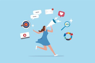 Pazarlama stratejisi, çevrimiçi web sitesi iletişimi, sosyal medya veya pazar araştırması, reklamcılık, seo optimizasyon veya pazarlama kampanyası konsepti, kadın pazarlama unsurlarıyla megafonla konuşuyor.