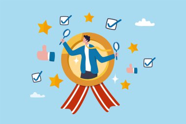 Kalite güvencesi veya müşteri güveni ve güveni, politika taahhüdü, müşteri memnuniyeti kavramı, ürün kalitesini güvence altına almak için büyüteçle iş adamı.