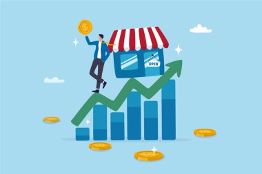 Başarı küçük işletme, girişimci büyüyen perakende mağazası, pazarlama büyümesi, iş sahibi veya satış ve ticaret kavramı, iş adamı işletme sahibi artan grafik ve grafikte.