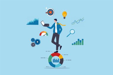 Veri analizi, veri analizi veya müşteri içgörüsü, grafik ve grafik şeması, tahmin modeli, öngörü veya veri görselleştirme konsepti, bilgisayar dizüstü bilgisayarı üzerinde veri ile çalışan işadamı.