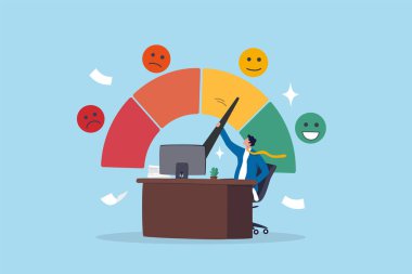 İş memnuniyeti, iş ortamı refahı, ofis kalitesi mutluluğu, iş hayatı dengesi puanı notu, kariyer büyümesi veya iş yükü konsepti, ofis masasında memnuniyet derecesiyle çalışan işadamı.