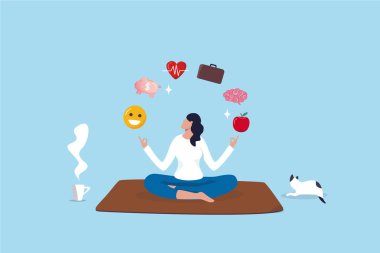 Sağlık, yaşam tarzı refahı, mutluluğu dengelemek için rahatlama, zihinsel sağlık, canlılık veya zen benzeri sağlık gıdası, meditasyon konsepti, sakinlik kadını sağlık unsurlarını meditasyon yapar.