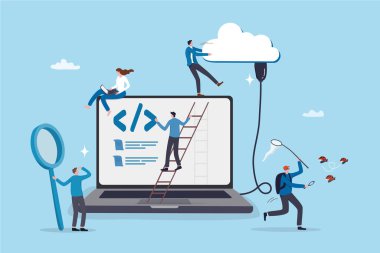 Yazılım geliştirme, kodlama ekibi, programlama ön uç iskeleti, hata ayıklama algoritması, test etme veya yerleştirme konsepti, genç insan yazılım mühendisi çevrimiçi bulut bilgisayarlı dizüstü bilgisayarla çalışıyor.