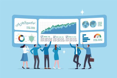 Veri analizi, pazarlama araştırması, istatistik görselleştirme grafiği ve grafik modeli, tahmin kriteri veya analitik diyagramı, içgörü ve eğilim, iş adamları veri analizi grafik ve grafiklerine bakıyorlar.