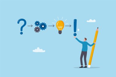 Çözüm ya da sonuç için yaratıcı düşünme, problem çözme ya da soru ve cevap, çözüm ve başarı için yöntem ya da analiz, çözüm süreci kavramı, çözüm ile iş adamı çözme sorunu.