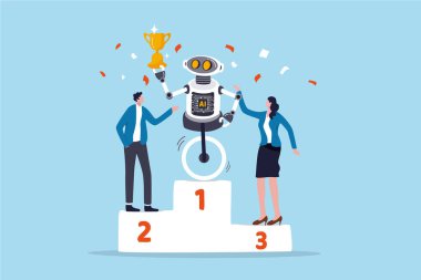 Robot yapay zeka kazanmak, yapay zeka ile birlikte çalışmak, başarıya yardım etmek için yenilik, ofis işindeki insanların yerine yapay zeka kullanmak, yapay zeka şampiyonluk kupasını elinde tutan yapay zeka ve insan rekabeti..