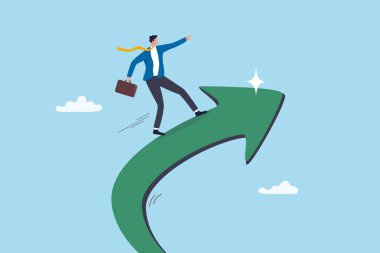 Ticari başarıyı, mali başarıyı, meydan okumayı veya iş performansını, uzmanlık konseptini yükseltme veya yükseltme, güven işadamı yükselen başarı okunu yukarı doğru sürme.