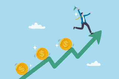 Yatırım büyümesi, yükselen ekonomik kazanç, kazanç veya tasarruf, zenginlik artışı, gelir veya büyüyen gelir kavramı, yatırımcı önderliğindeki dolar parası yükselen grafik okuna para yatırımı.