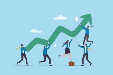 Takım çalışması desteği, takım başarısı için işbirliği, başarı, işbirliği veya ilerleme, işbirliği, sinerji konsepti, iş arkadaşları artan başarı okunun taşınmasına yardım eder.