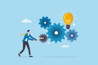 Sistem geliştirme, fikir, çözüm veya iyileştirme için yenilik, verimlilik, çaba veya çalışma süreci, otomasyon konsepti, iş adamının yeni bir fikir edinmek için çark çevirmesi.